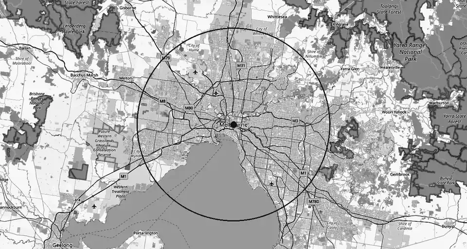 Map of Melbourne with a 30 km service-area ring centred on the CBD